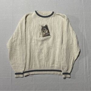 Vintage Knit Sweater Wolf Embroidery Sweater Vintage Wildlife Knit Sweater